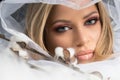 Blonde Make up Model Beauty Makeup, White Fabric Background Royalty Free Stock Photo