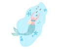 Blonde mermaid singing under water with fish and starfish. Fantasy sea creature in ocean performing music vector