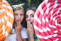 Blonde Mum With Her Daughter Surprised, Holds Big Chupa Chups