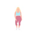 Blonde nice plump woman with curvy body, girl in a trendy fashion sportive clothes, flat vector illustration. Fullsize