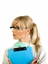 Blonde nurse with blue notepad