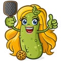 Cute blonde girl pickle cartoon character playing pickleball