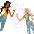 The blonde shows the qr code to her friend on the smartphone screen. African American thumbs up. Young happy women. The