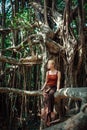 Blonde sitting on huge tree with curly hanging branches. Young attractive girl enjoying calm on Banyan tree on sunny summer day Royalty Free Stock Photo