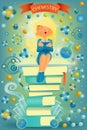 Blonde student girl, sitting on top of books. I love chemistry education concept