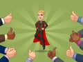 Blonde superhero businessman in brown suit with many thumbs up and clapping hands