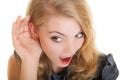 Blonde surprised gossip girl with hand behind ear listening secret