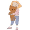 Blonde teenage girl and toy cat cuddling Royalty Free Stock Photo