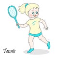 Blonde tennis player in a forehand motion holds a racket with one hand