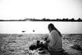 Blonde Woman On The Beach With Kitten Royalty Free Stock Photo