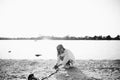 Blonde Woman On The Beach, Picnic With Kitten Royalty Free Stock Photo