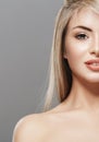 Blonde woman beauty half-face portrait close-up isolated on gray background Royalty Free Stock Photo