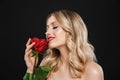 Blonde woman with bright makeup red lips posing isolated over black wall background holding rose flower Royalty Free Stock Photo