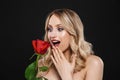 Blonde woman with bright makeup red lips posing isolated over black wall background holding rose flower Royalty Free Stock Photo