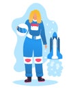 Blonde woman character cosmonaut in space suit hold protective helmet, rocket spacecraft flat vector illustration