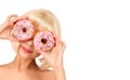 Blonde woman with colorful donuts isolated