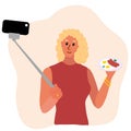 blonde woman with curly hair food blogger making photo selfie with with two sausages and scrambled eggs for blog. Cute girl with Royalty Free Stock Photo