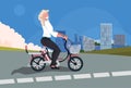 Blonde woman cycling bicycle girl riding vintage style bike on road cityscape background horizontal flat