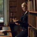 Blonde woman dressed in black tweed suit reading book in library Royalty Free Stock Photo