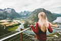 Blonde woman enjoying mountains landscape Royalty Free Stock Photo