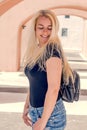 blonde woman exploring santorini greece Royalty Free Stock Photo