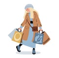 Blonde woman in fashionable clothes with shopping bags. Seasonal sale. Cute vector illustration drawing in flat style. Happy woman Royalty Free Stock Photo