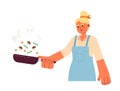 Blonde woman flipping vegetables semi flat colorful vector character