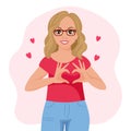 A blonde woman in glasses with a joyful expression shows a heart with her hands. Emotions and gestures. Flat style illustration