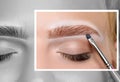 Blonde woman having permanent make-up tattoo on her eyebrows. Closeup beautician doing tattooing eyebrow. Green eyes close up. Royalty Free Stock Photo