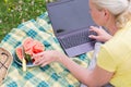 blonde woman with a laptop lies on a blanket in the green grass on a sunny day Royalty Free Stock Photo