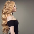 Blonde woman with long curly beautiful hair.