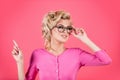 Blonde woman model wear glasses. Beauty freelancer, sexy secretary, business woman. Retro pinup style.