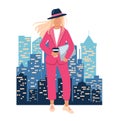 Blonde woman in a pink suit with a coffee and a laptop on the background of the night city. Cute vector illustration drawing in