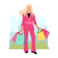 Blonde woman in a pink suit with shopping bags on city background. Cute vector illustration drawing in flat style. Happy woman or Royalty Free Stock Photo