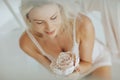 Portrait Blonde woman posing in white lingerie Royalty Free Stock Photo