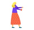 Blonde woman in purple top and polka dot skirt walking with a coffee cup. Casual stroll with a takeaway drink vector