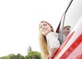 Blonde woman in red car Royalty Free Stock Photo