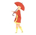 Blonde woman in red coat with umbrella. Lady enjoying rainy day, casual autumn fashion. Seasonal weather and stylish