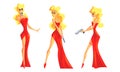 Blonde Woman in Red Dress Set, Beautiful Female Secret Agent Vector Illustration