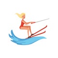 Blonde woman in red swimsuit riding waterski, water skiing, water sport activity vector Illustration on a white Royalty Free Stock Photo