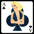 Blonde woman representing ace of clubs card from poker game