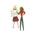 Blonde shows her colleague a draft on paper. Vector illustration on white background.