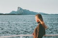 Blonde Woman Traveler on sea ferry in Norway landscape Travel Lifestyle concept adventure Royalty Free Stock Photo