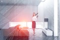 Blonde woman in TV living room Royalty Free Stock Photo