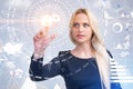 Blonde woman using infographics interface, gears Royalty Free Stock Photo