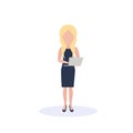Blonde woman using laptop standing pose isolated faceless silhouette female cartoon character full length flat Royalty Free Stock Photo