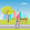 Blonde Woman Walking with Dog in City Park Vector