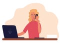 Blonde woman works with laptop and talks on the phone. Concept remote work, freelance, business. Vector illustration isolated on Royalty Free Stock Photo