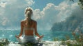 blonde yoga girl by the ocean 2, in the style of prerendered graphics, firecore, glazed surfaces, free-associative Royalty Free Stock Photo