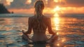 blonde yoga girl by the ocean 2, in the style of prerendered graphics, firecore, glazed surfaces, free-associative Royalty Free Stock Photo